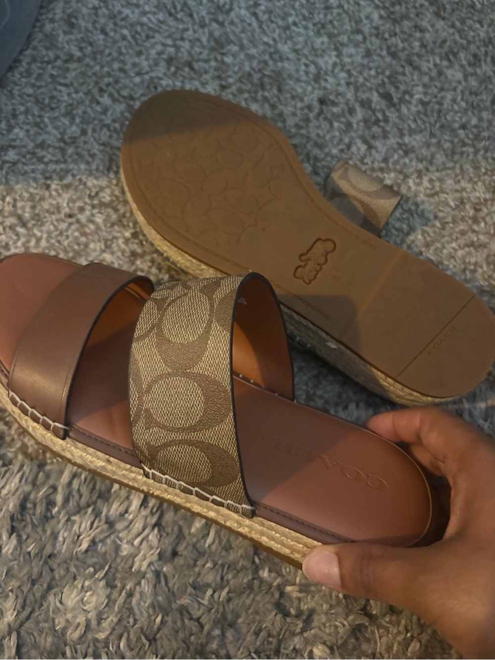 Coach Brown Signature Canvas & Leather Espadrille Slide Sandals - Picture 3 of 3